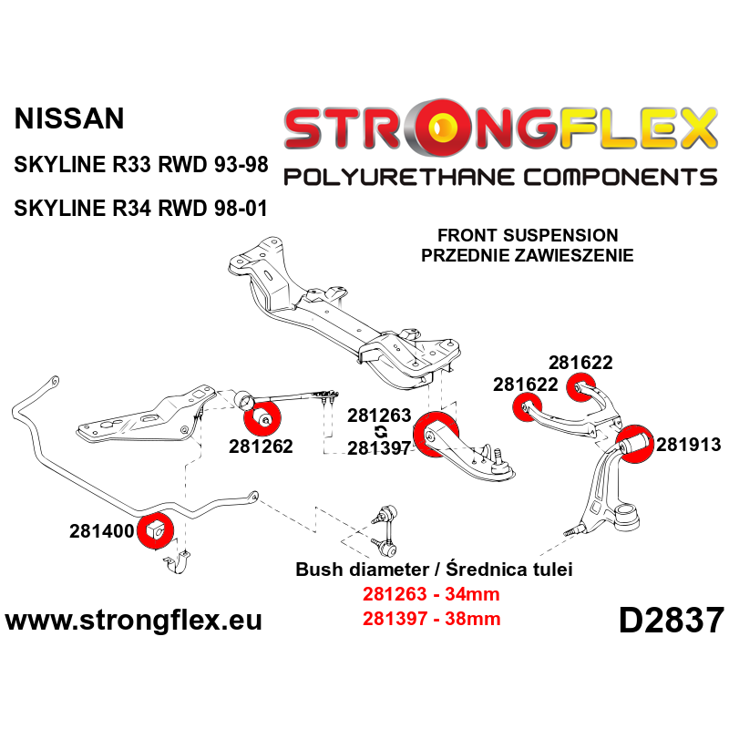 281397A: Front inner track control arm bush 38mm SPORT